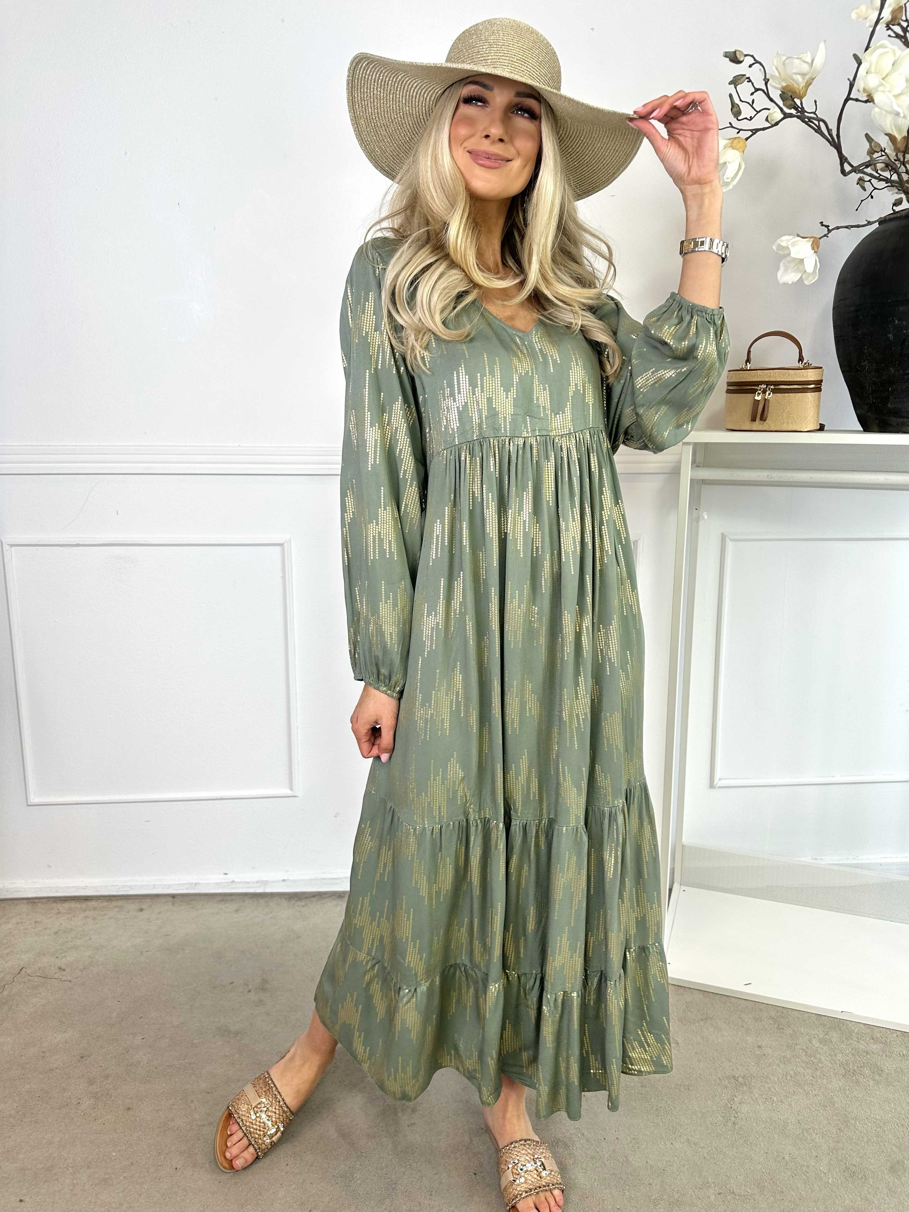 Mona - Lang løs kjole i viskose med gulddetaljer